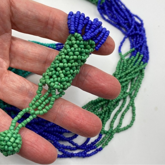 Blue & Green Seed Beads Artisan Made Multi-Strand Necklace - Picture 5 of 8
